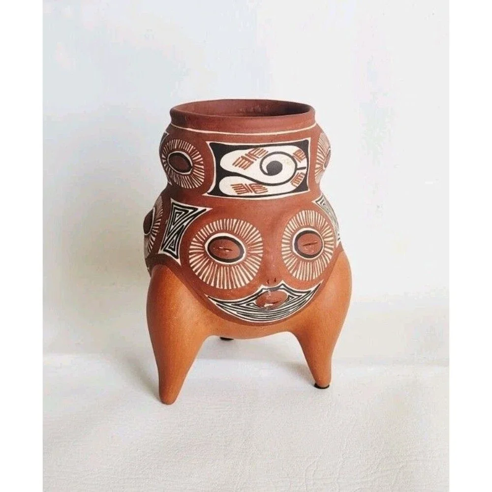 Venezuelan Folk Art Handmade Hand Painted Tree Face Small Terracotta Vase